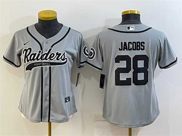 Womens Las Vegas Raiders #28 Josh Jacobs Gray With Patch Cool Base Stitched Baseball Jersey->women nfl jersey->Women Jersey